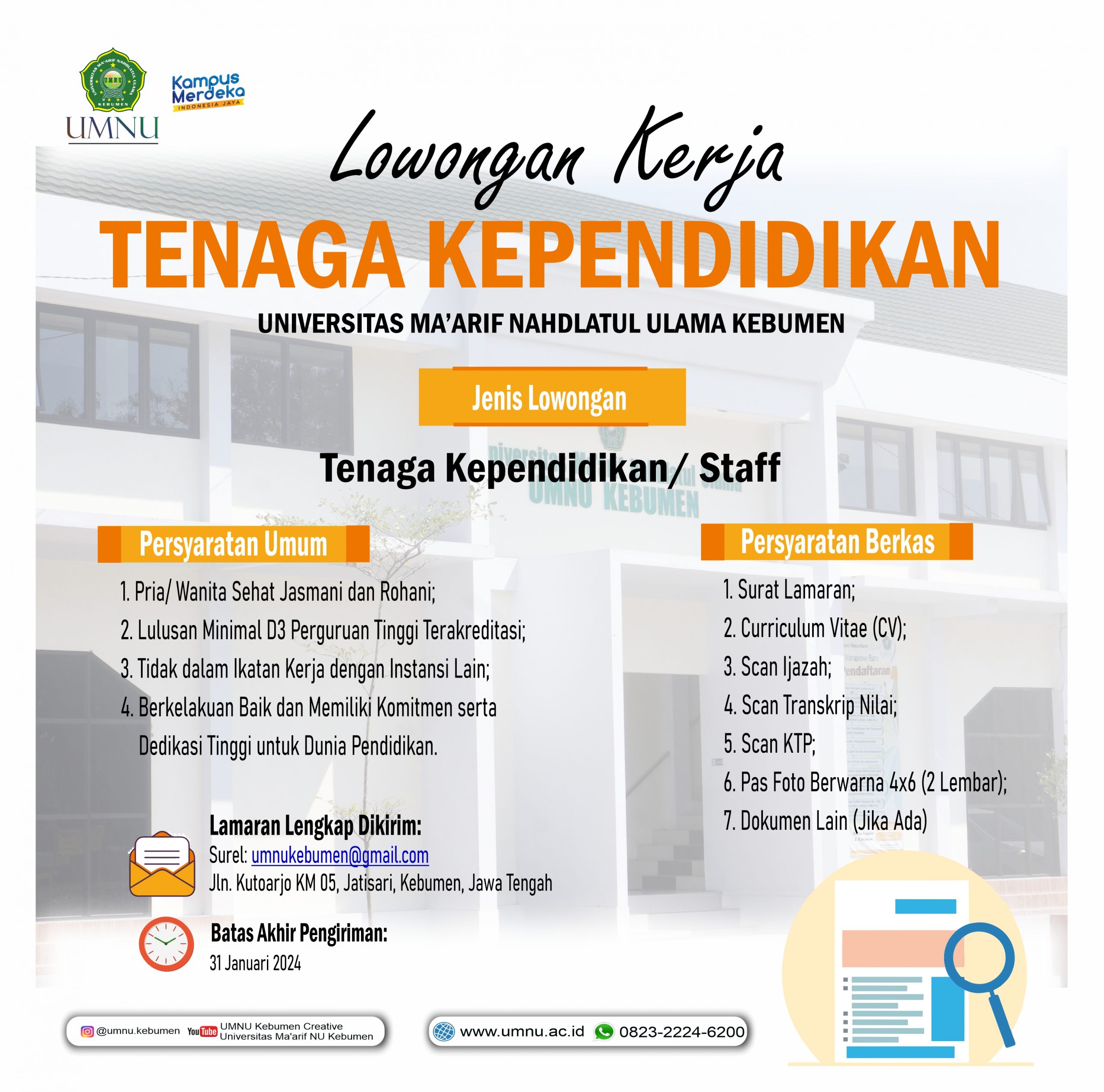 Lowongan Kerja Tenaga Kependidikan/ Staff/ Karyawan Universitas Ma’arif Nahdlatul Ulama Kebumen