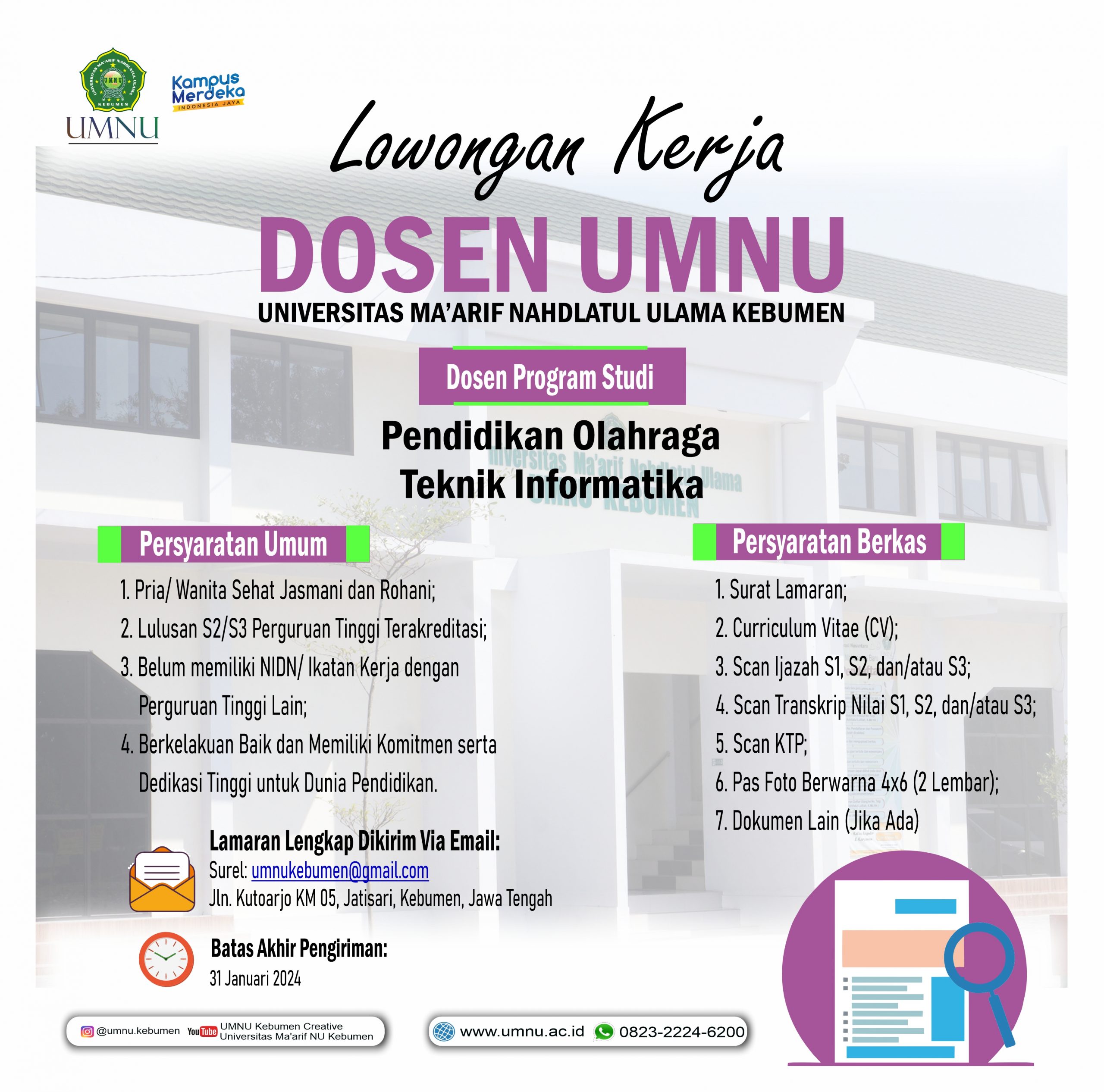 Lowongan Kerja Tenaga Pendidik/ Dosen Universitas Ma’arif Nahdlatul Ulama Kebumen